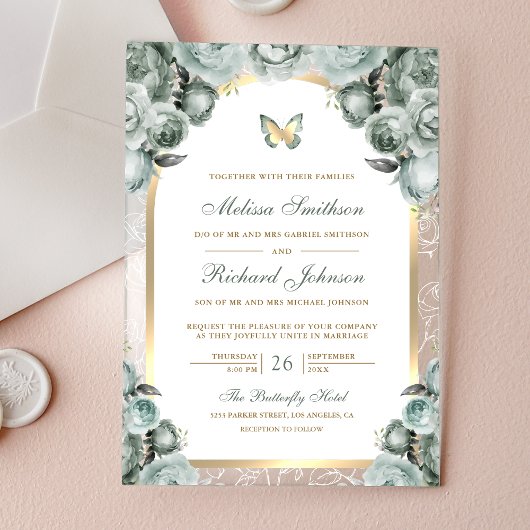 Sage Green Floral Gold Arch Butterfly Wedding Acryl Uitnodigingen