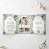Sage Green Floral Gold Arch Butterfly Wedding Drieluik Uitnodiging (Binnen)