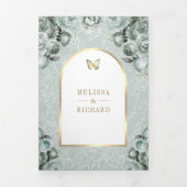 Sage Green Floral Gold Arch Butterfly Wedding Drieluik Uitnodiging (Cover)