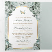 Sage Green Floral Gold Arch Butterfly Wedding Drieluik Uitnodiging (Binnenzijde eerst)
