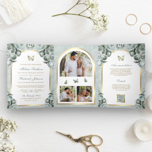 Sage Green Floral Gold Arch Butterfly Wedding Drieluik Uitnodiging