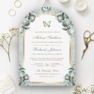 Sage Green Floral Gold Arch Butterfly Wedding Kaart
