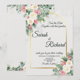 Sage Green Floral Gold Arch Wedding Invitation Kaart