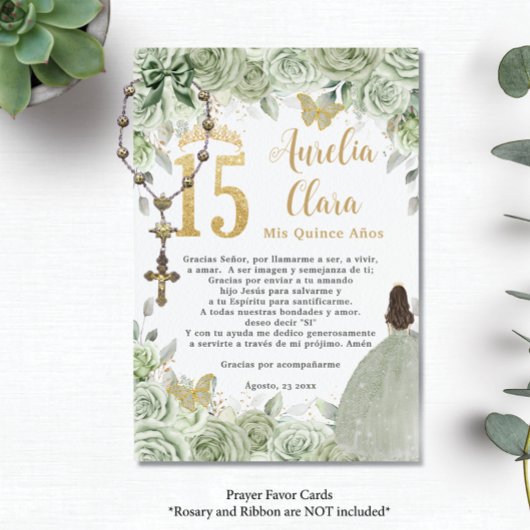 Sage Green Floral Gold Quinceañera 15 Gebed Kaart