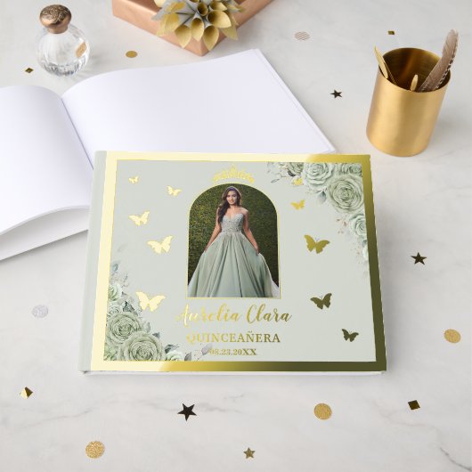 Sage Green Floral Gold Quinceañera 15 Quince Foto Gastenboek (Voorkant open)