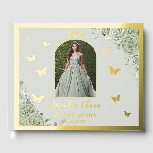 Sage Green Floral Gold Quinceañera 15 Quince Foto Gastenboek (Voorkant)