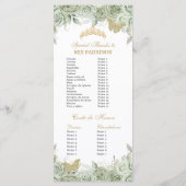 Sage Green Floral Gold Quinceañera Evenementen Programmakaart (Achterkant)