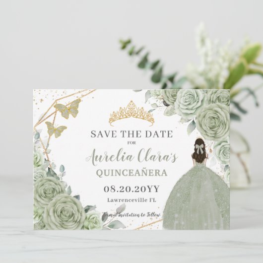 Sage Green Floral Gold Quinceanera Sweet Sixteen Save The Date (Staand voorkant)