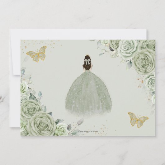 Sage Green Floral Gold Quinceanera Sweet Sixteen Save The Date (Achterkant)