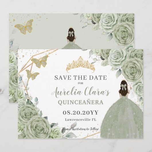 Sage Green Floral Gold Quinceanera Sweet Sixteen Save The Date (Voorkant / Achterkant)