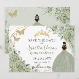 Sage Green Floral Gold Quinceanera Sweet Sixteen Save The Date