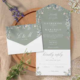 Sage Green Floral Greenery Cascade Wedding All In One Uitnodiging