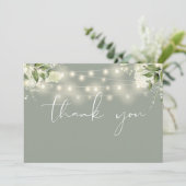 Sage Green Floral Greenery String Lights Photo Bedankkaart (Staand voorkant)