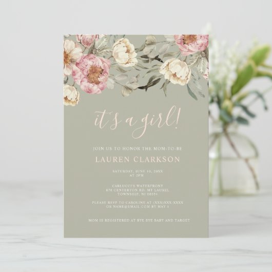Sage Green Floral Het is een meisje Baby shower Kaart (Staand voorkant)