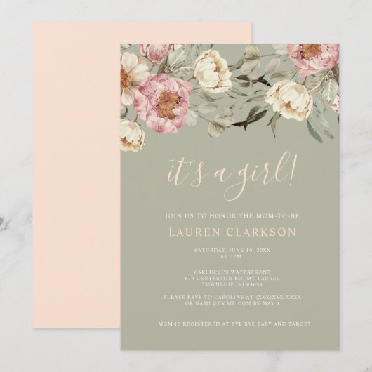 Sage Green Floral Het is een meisje Baby shower Kaart (Voorkant / Achterkant)