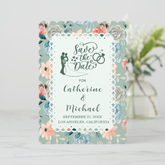 Sage Green Floral Lace Elegant Wedding Calligraphy Kaart (Staand voorkant)