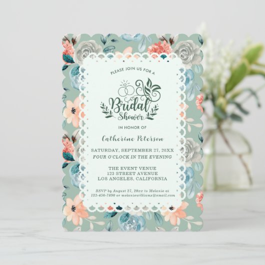 Sage Green Floral Lace Elegant Wedding Calligraphy Kaart (Staand voorkant)