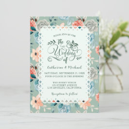 Sage Green Floral Lace Elegant Wedding Calligraphy Kaart