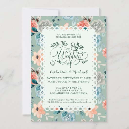 Sage Green Floral Lace Elegant Wedding Calligraphy Kaart (Voorkant)