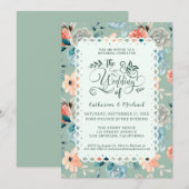 Sage Green Floral Lace Elegant Wedding Calligraphy Kaart (Voorkant / Achterkant)