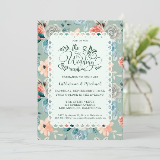 Sage Green Floral Lace Elegant Wedding Calligraphy Kaart (Staand voorkant)