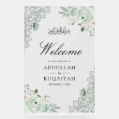 Sage Green Floral Lace Muslim Wedding Welcome Acryl Bord (Voorkant)