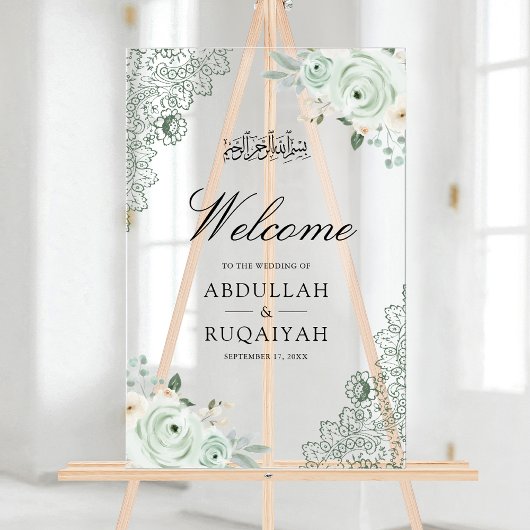Sage Green Floral Lace Muslim Wedding Welcome Acryl Bord