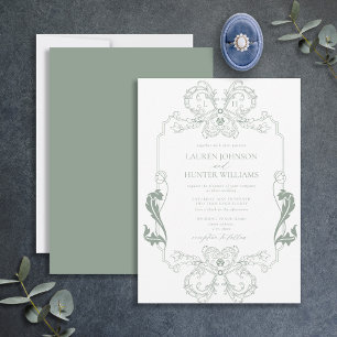  Sage Green Floral Line Art Monogram Weddenschap Kaart