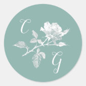 Sage Green Floral Line Art Monogram Wedding Ronde Sticker (Voorkant)