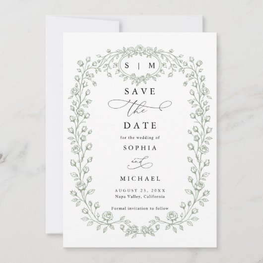 Sage Green Floral Line Art Save The Date (Voorkant)