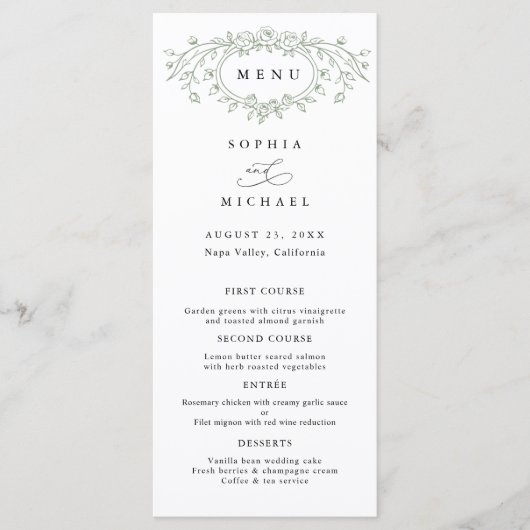 Sage Green Floral Line Art Wedding Flat Menu (Voorkant)