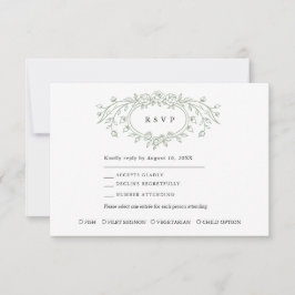 Sage Green Floral Line Art Wedding Response Card RSVP Kaartje