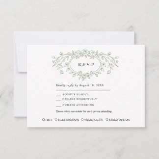 Sage Green Floral Line Art Wedding Response Card RSVP Kaartje