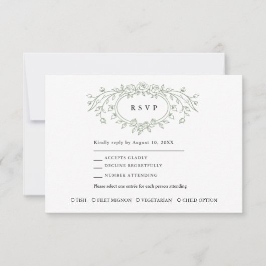 Sage Green Floral Line Art Wedding Response Card RSVP Kaartje (Voorkant)