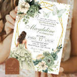 Sage Green Floral Mexicaanse prinses Quinceanera Kaart<br><div class="desc">Sage Green Floral Mexicaanse Prinses Quinceanera Uitnodiging | Zoete 16e Quinceasera Verjaardagsmeisje,  Geometrische Gouden Koninklijke Prinses Quince Uitnodiging,  Groen Kasteel en Bloemen Quinceanera,  Mexicaanse Meisje Verjaardagsfeest.</div>