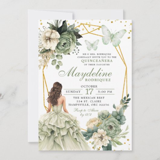 Sage Green Floral Mexicaanse prinses Quinceanera Kaart (Voorkant)