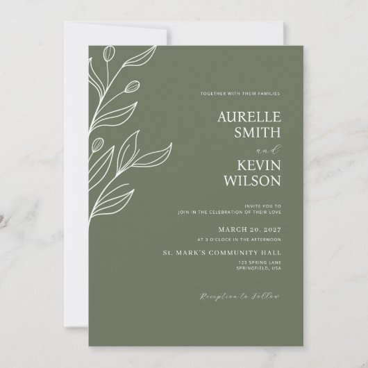 Sage Green Floral Modern Minimalist Wedding Kaart (Voorkant)