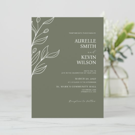 Sage Green Floral Modern Minimalist Wedding Kaart (Staand voorkant)