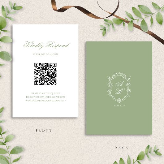 Sage Green Floral Monogram Crest Wedding QR Code RSVP Kaartje