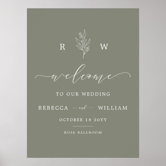 Sage Green Floral Monogram Script Welkome bruiloft Poster (Voorkant)