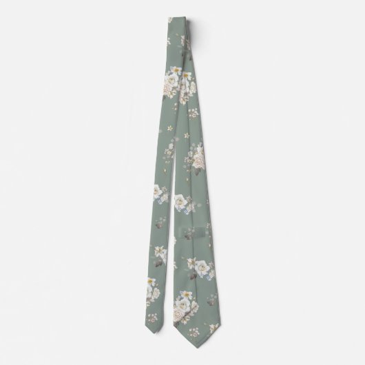 Sage Green Floral Necktie for Wedding Stropdas (Achterkant)