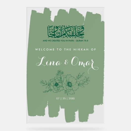 Sage Green Floral Nikkah Acrylic Sign Acryl Bord (Voorkant)