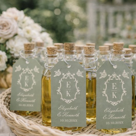 Sage Green Floral Old Money Monogram Crest Wedding Cadeaulabel