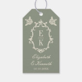 Sage Green Floral Old Money Monogram Crest Wedding Cadeaulabel (Voorkant)