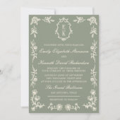 Sage Green Floral Old Money Monogram Crest Wedding Kaart (Voorkant)