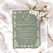 Sage Green Floral Old Money Monogram Crest Wedding Kaart