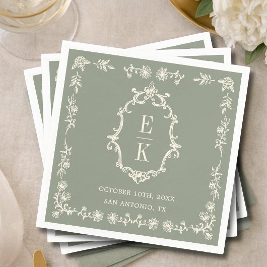 Sage Green Floral Old Money Monogram Crest Wedding Servet