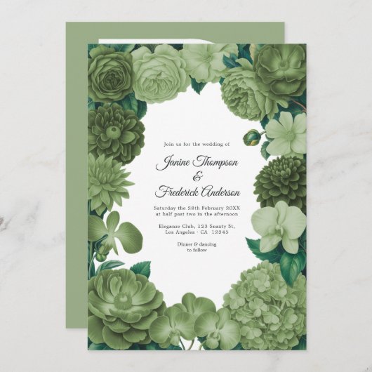 Sage Green Floral Photo and QR Code Wedding Kaart (Voorkant / Achterkant)