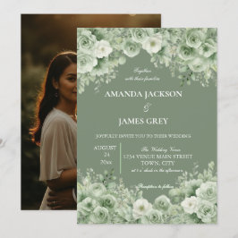 Sage Green Floral Photo Back Wedding  Kaart