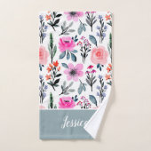 Sage Green Floral Pink Pattern Naam Bad Handdoek (Handdoek)